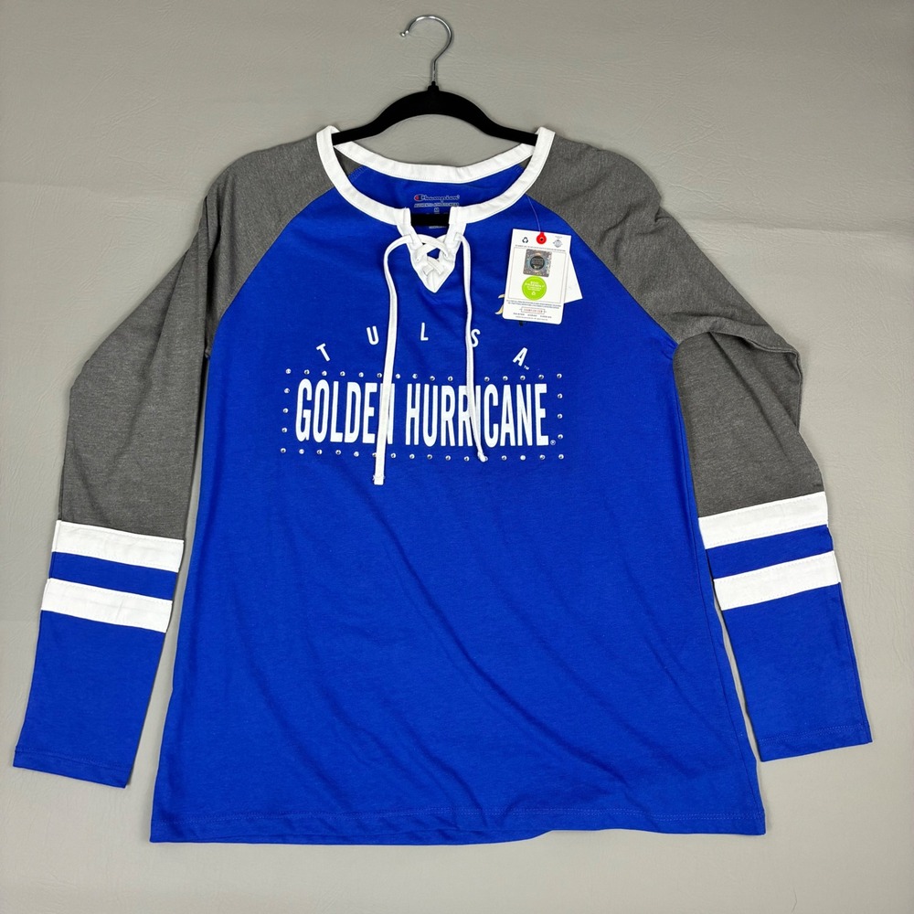 NWT Champion Tulsa Golden Hurricane Women M Blue Embellished Lace Up Raglan Tee